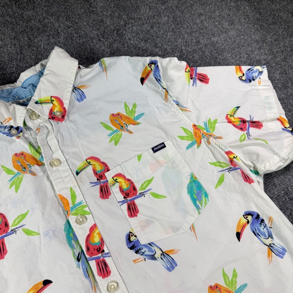 Chubbies Button Down Shirt Mens XL White Tropical Bird Print Short Sleeve